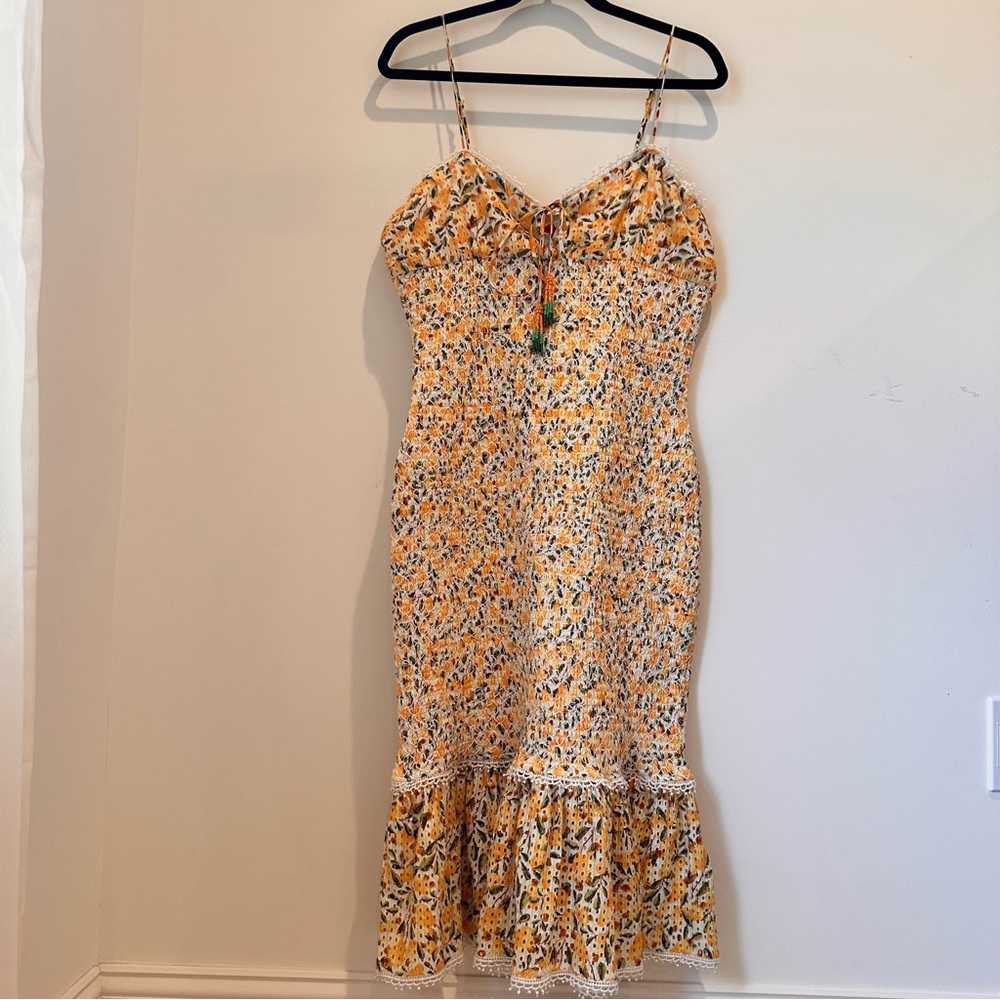 NWT FARM Rio Smocked Midi Floral Sundress Size L Yellow